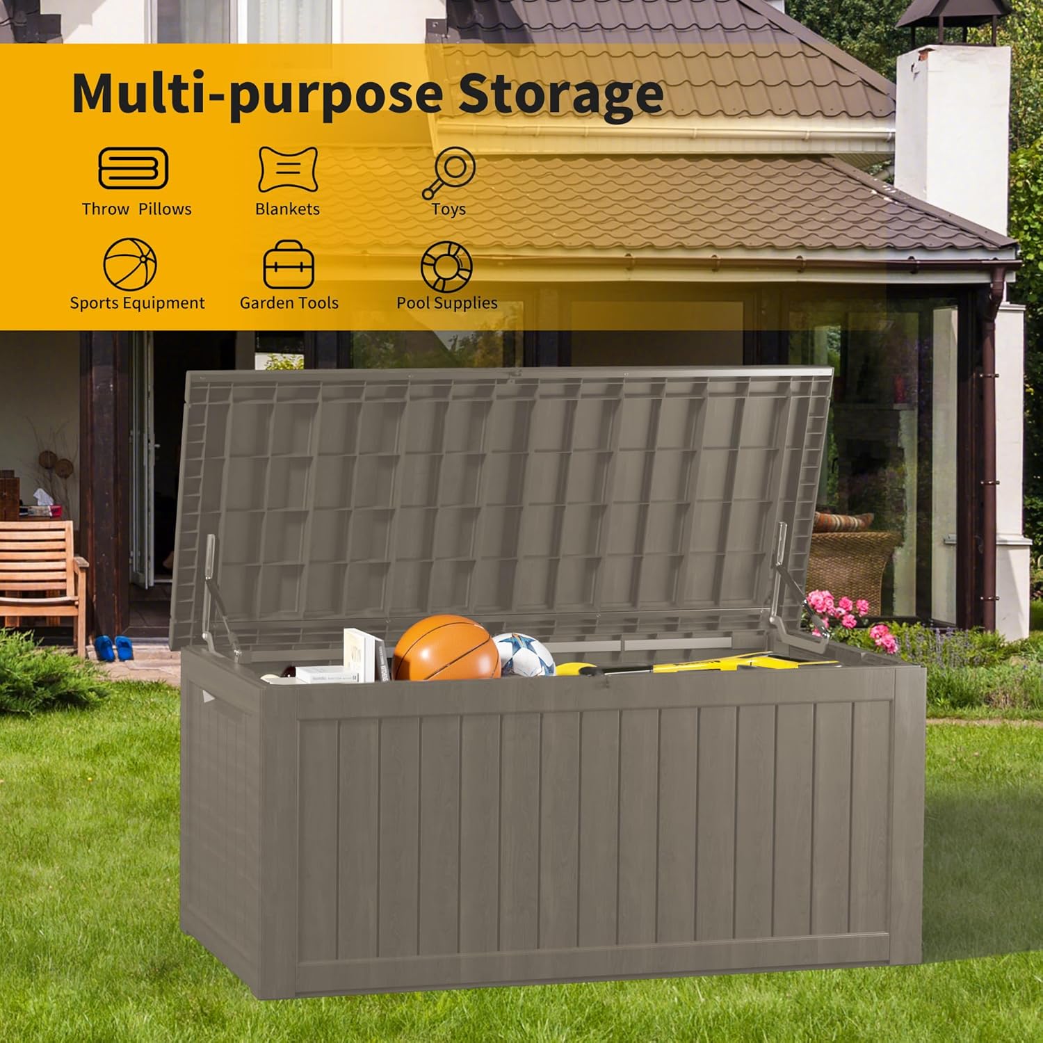 270 Gallon Lockable Resin Deck Box, Waterproof & UV-Resistant Outdoor Storage Box for Outdoor