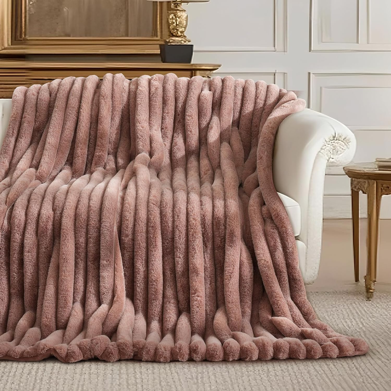 Amélie Home Faux Fur Throw Blanket for Couch, Ultra Cozy Fuzzy Fluffy Fur Luxurious Soft Striped