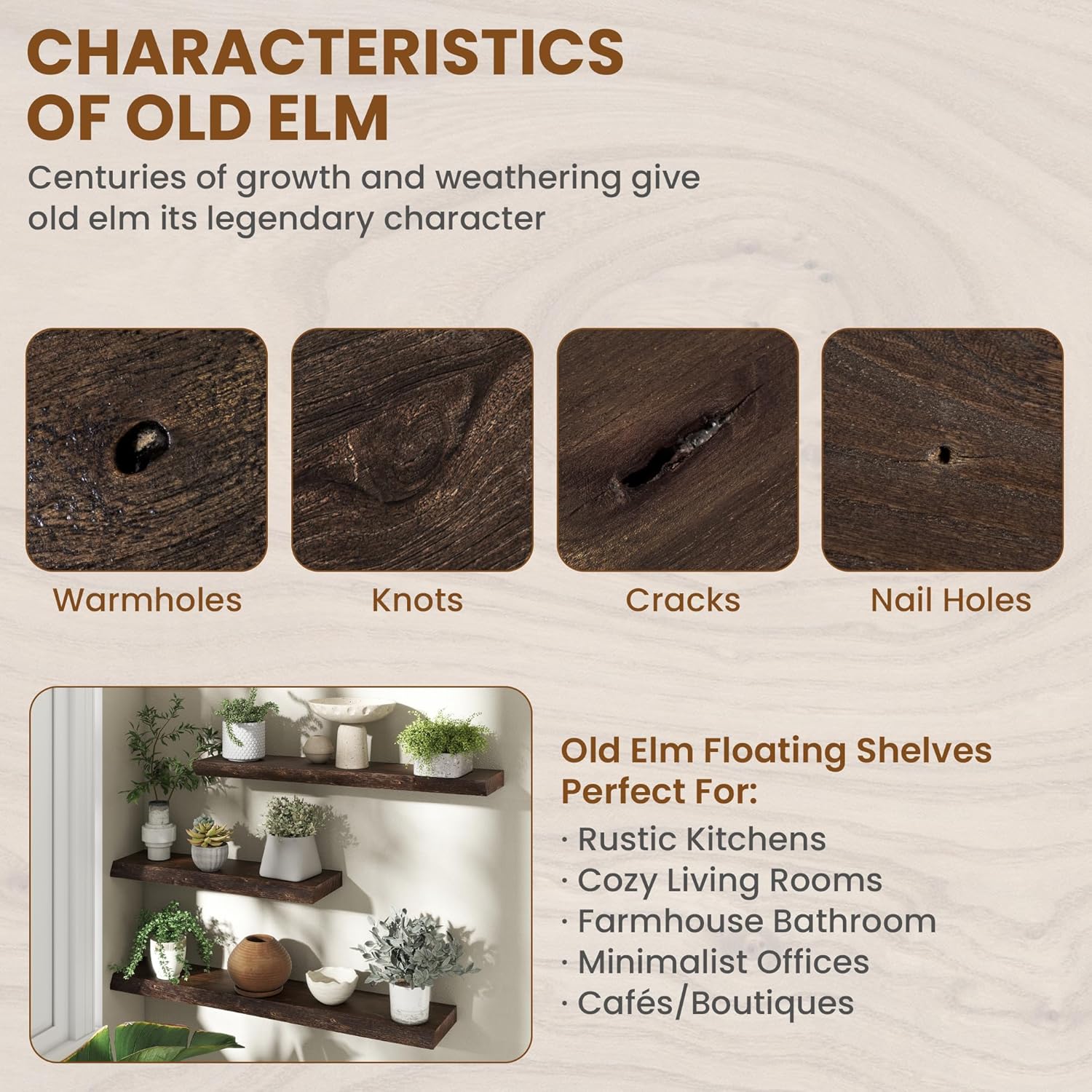 72" Floating Shelves, Live Edge Elm Wood Floating Shelf for Wall, Wall-Mounted Display Shelves with