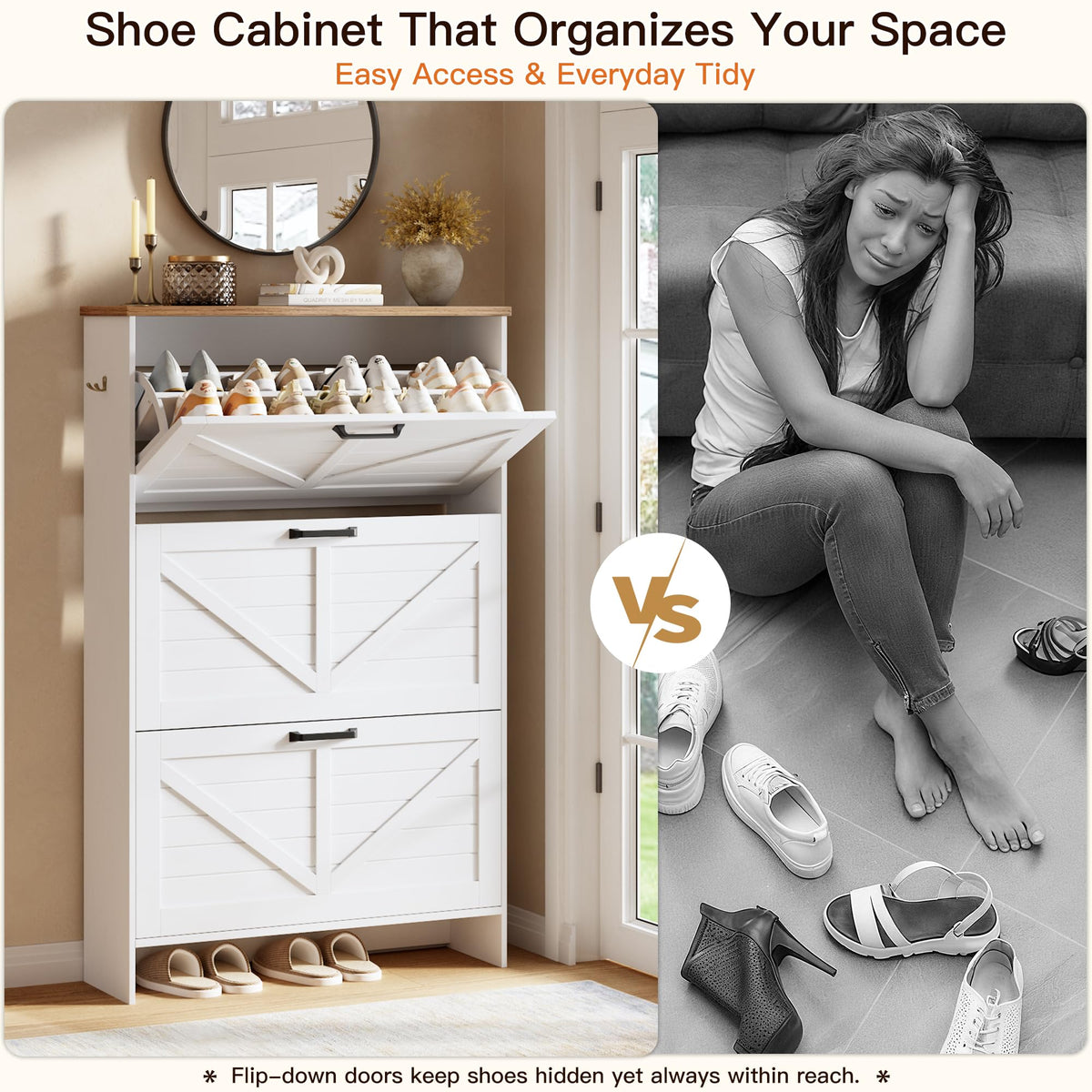 Nicetree Shoe Cabinet, 3 Flip Drawers & Adjustable Shelves, Ultra Slim Freestanding (9.1” Deep)