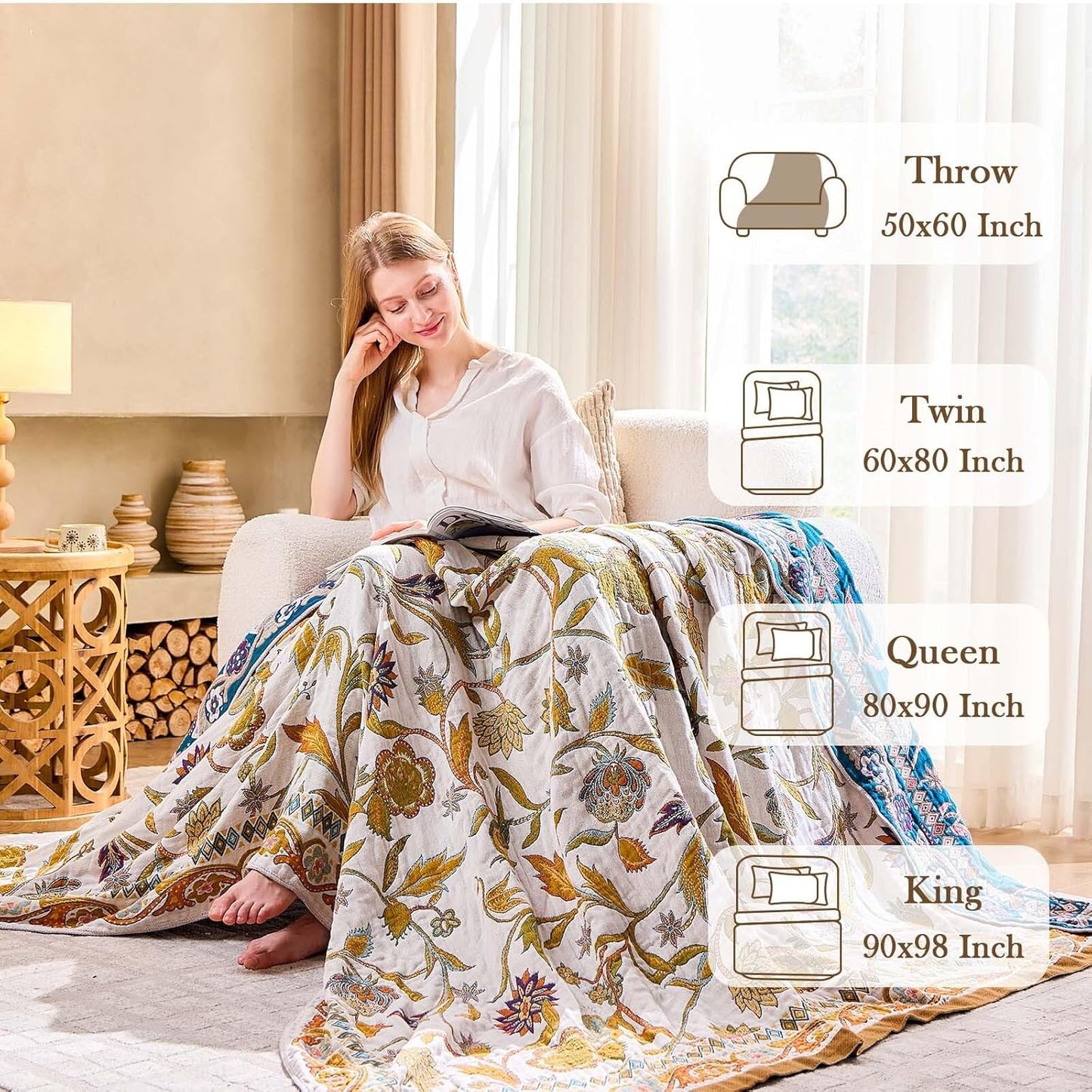 Fall Throw Blanket for Couch, Brown Boho Decorative Throw Blanket, 100% Cotton Muslin Breathable