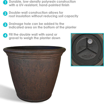 Sunnydaze 15.25-Inch Anjelica Large Plastic Pot for Plants - Outdoor Polyresin Round Planter with