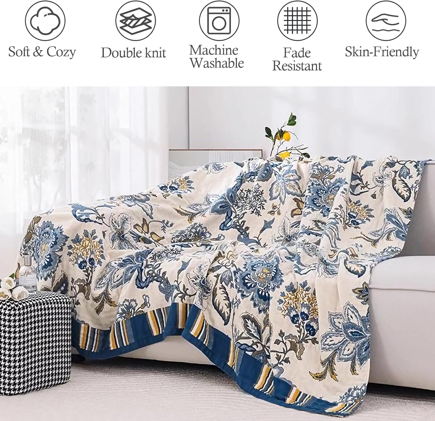 Snycler Boho Throw Blanket for Bed - 100% Cotton Ultra Soft Rustic Quilt - White Blue Floral