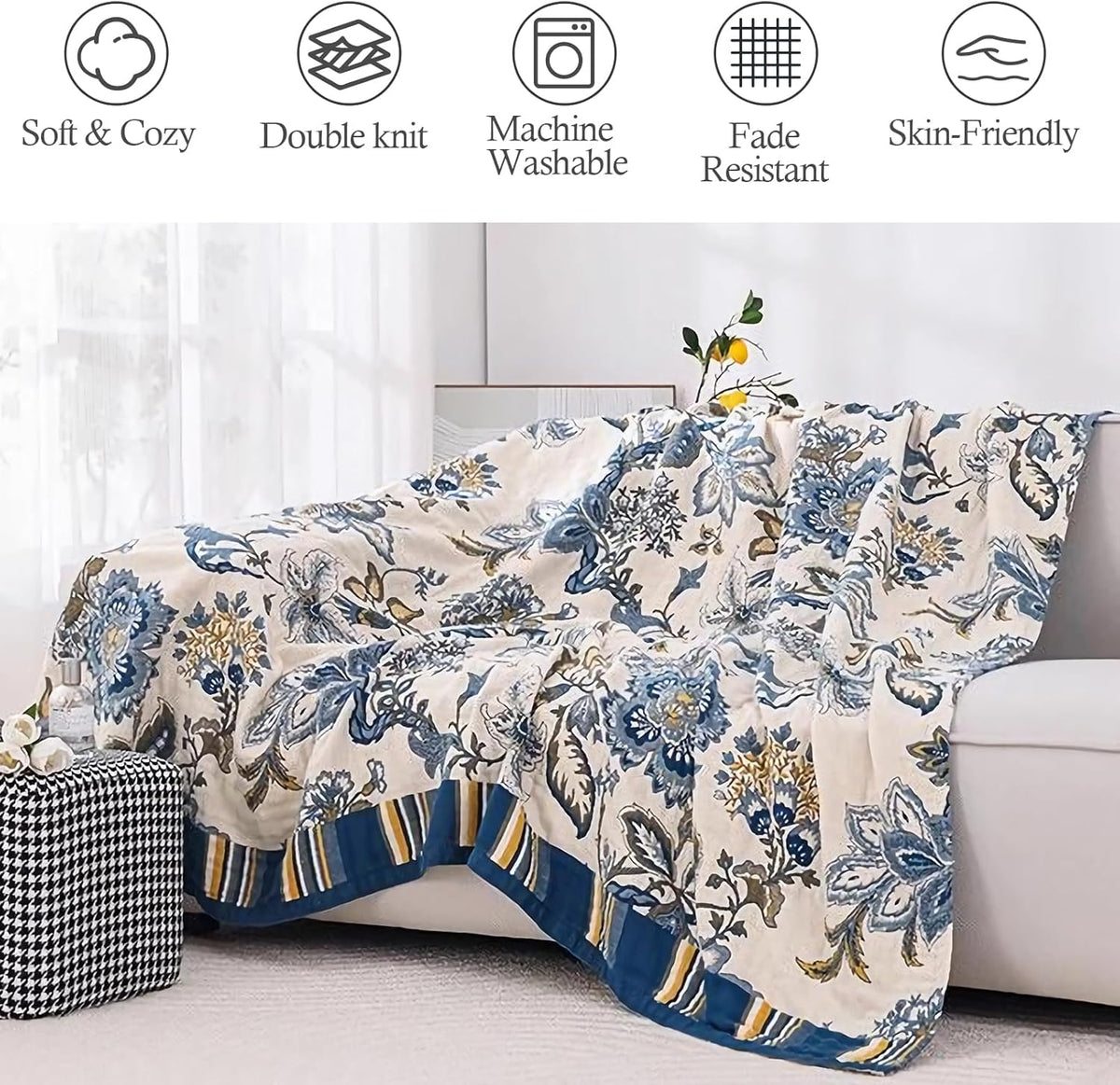 Snycler Boho Throw Blanket for Bed - 100% Cotton Ultra Soft Rustic Quilt - White Blue Floral