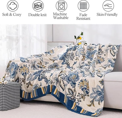 Snycler Boho Throw Blanket for Bed - 100% Cotton Ultra Soft Rustic Quilt - White Blue Floral