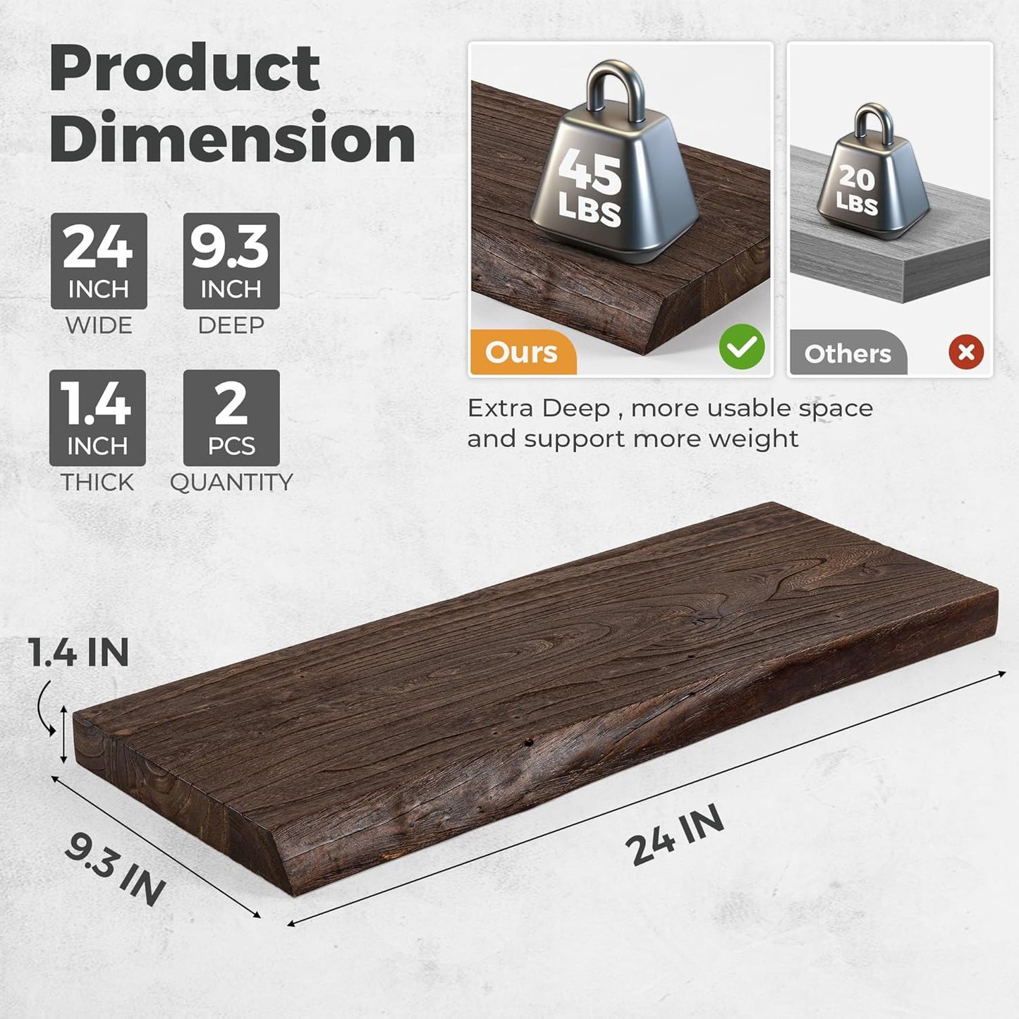 RICHFOCUS Live Edge Elm Floating Shelves - 24" W x 9.3" D Rustic Solid Wood Wall Shelves with