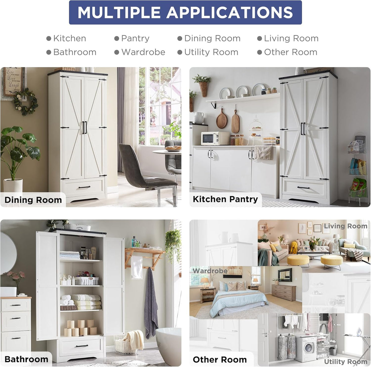 JXQTLINGMU Farmhouse Kitchen Pantry Cabinet - 72" Tall Wood Kitchen Storage Cabinets with