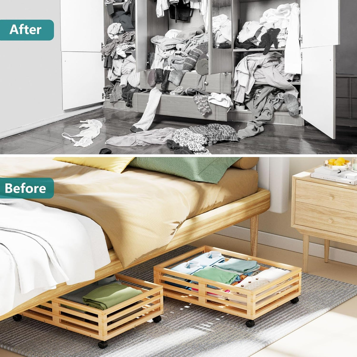 Bamboo Under Bed Storage Containers- Underbed Organizer with Wheels with Large Dust Bag,Sturdy Wood