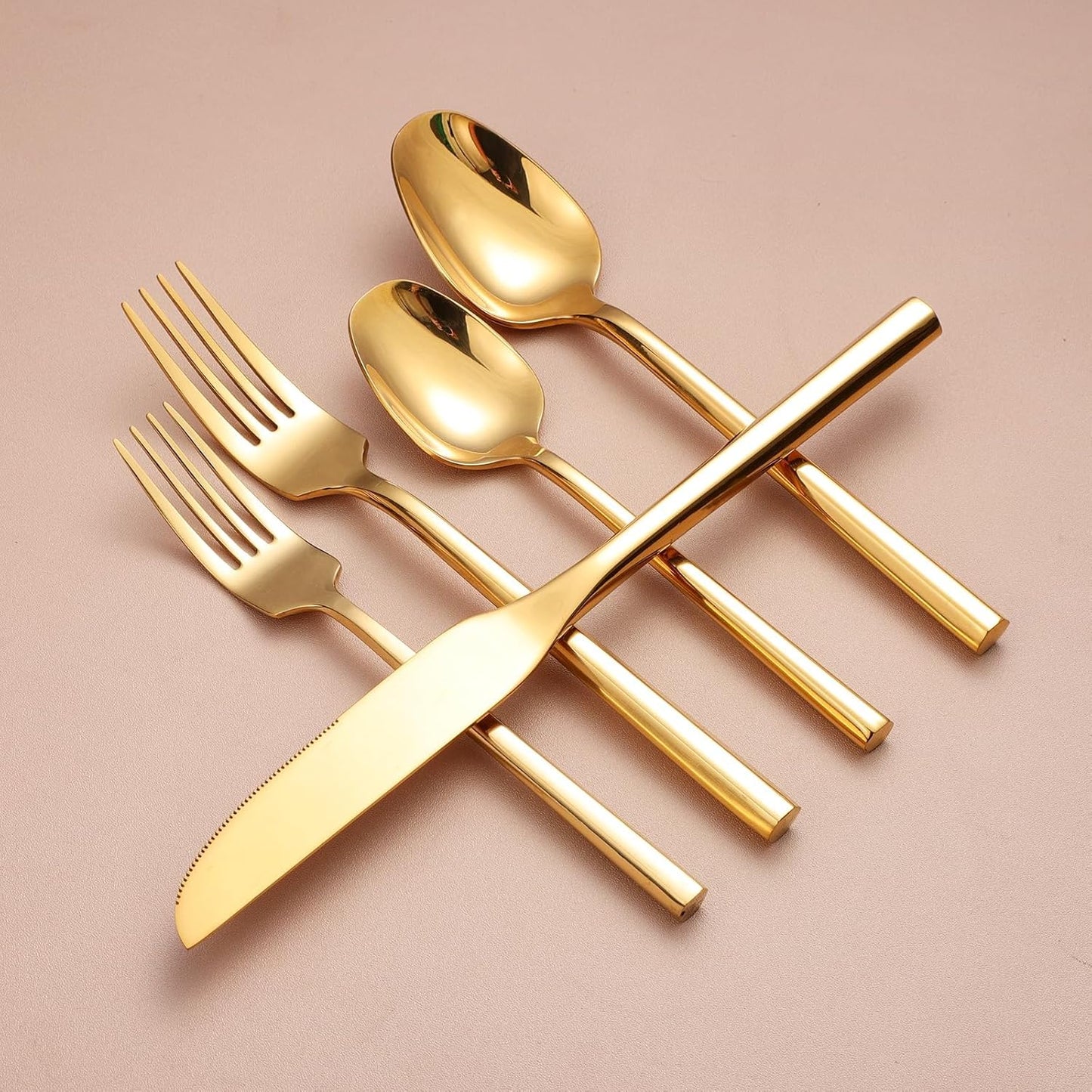 Mirror Silverware Set Gold Flatware Set with Hexagon Handle 20 Pieces 18/0 Stainless Steel Cutlery