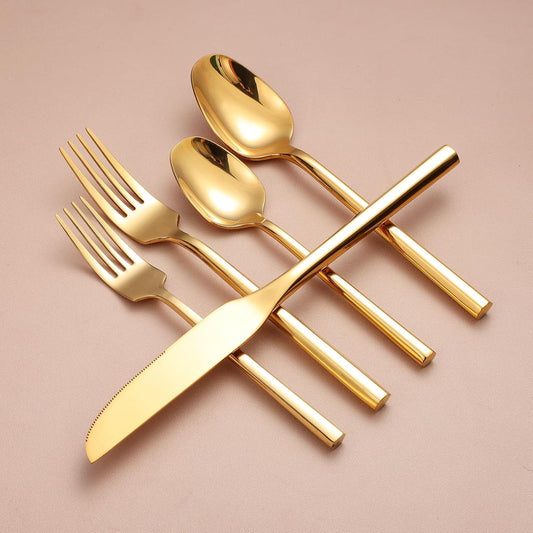 Mirror Silverware Set Gold Flatware Set with Hexagon Handle 20 Pieces 18/0 Stainless Steel Cutlery