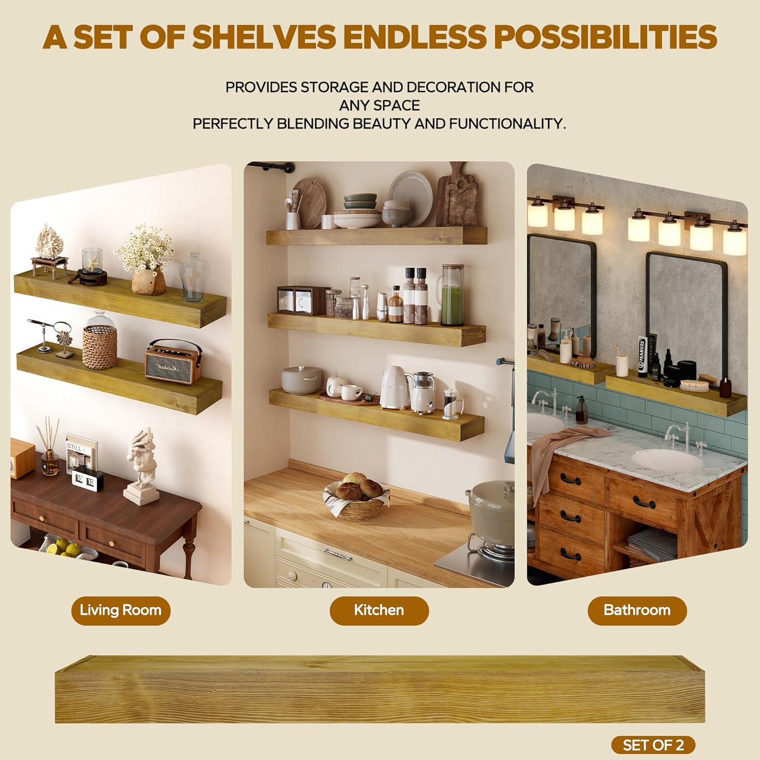 Floating Shelves 3 inch Thick for Wall Set of 2,Solid Pine Wood Wall Mount Shelf for Kitchen Living
