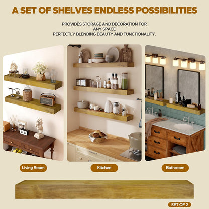 Floating Shelves 3 inch Thick for Wall Set of 2,Solid Pine Wood Wall Mount Shelf for Kitchen Living