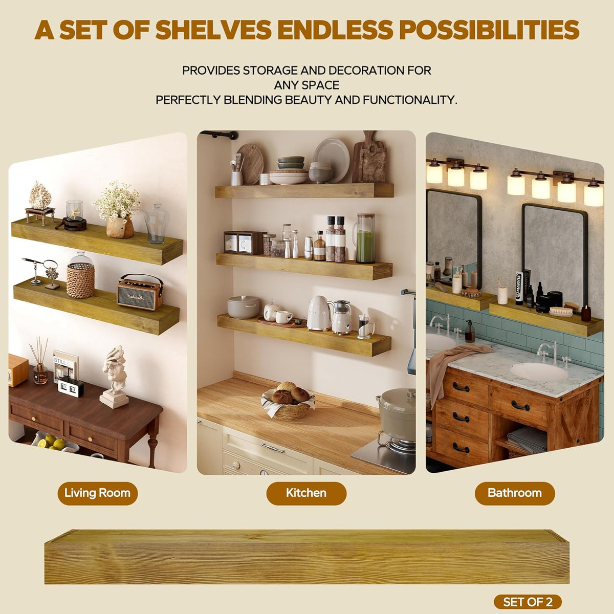 Floating Shelves 3 inch Thick for Wall Set of 2,Solid Pine Wood Wall Mount Shelf for Kitchen Living