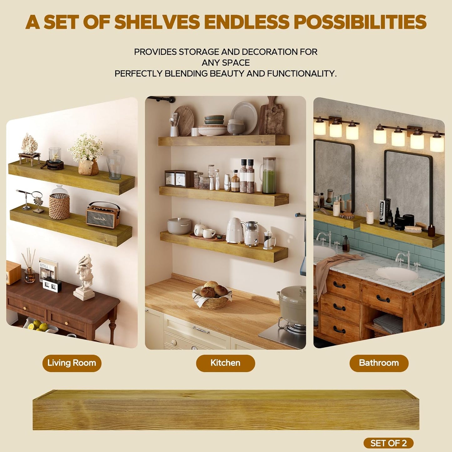 Floating Shelves 3 inch Thick for Wall Set of 2,Solid Pine Wood Wall Mount Shelf for Kitchen Living
