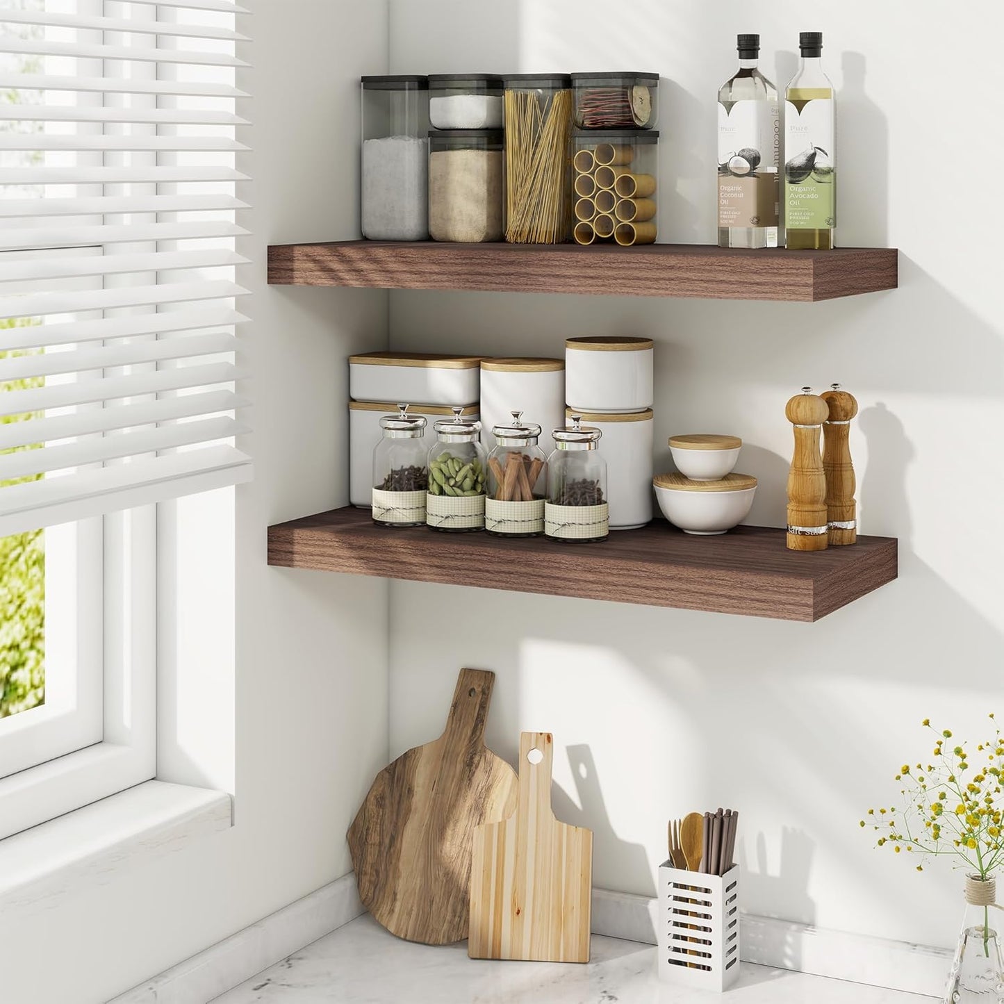 Fun Memories 24 Inch Floating Shelves for Wall, 9 Inch Deep Walnut Rustic Wood Wall Mounted Shelves