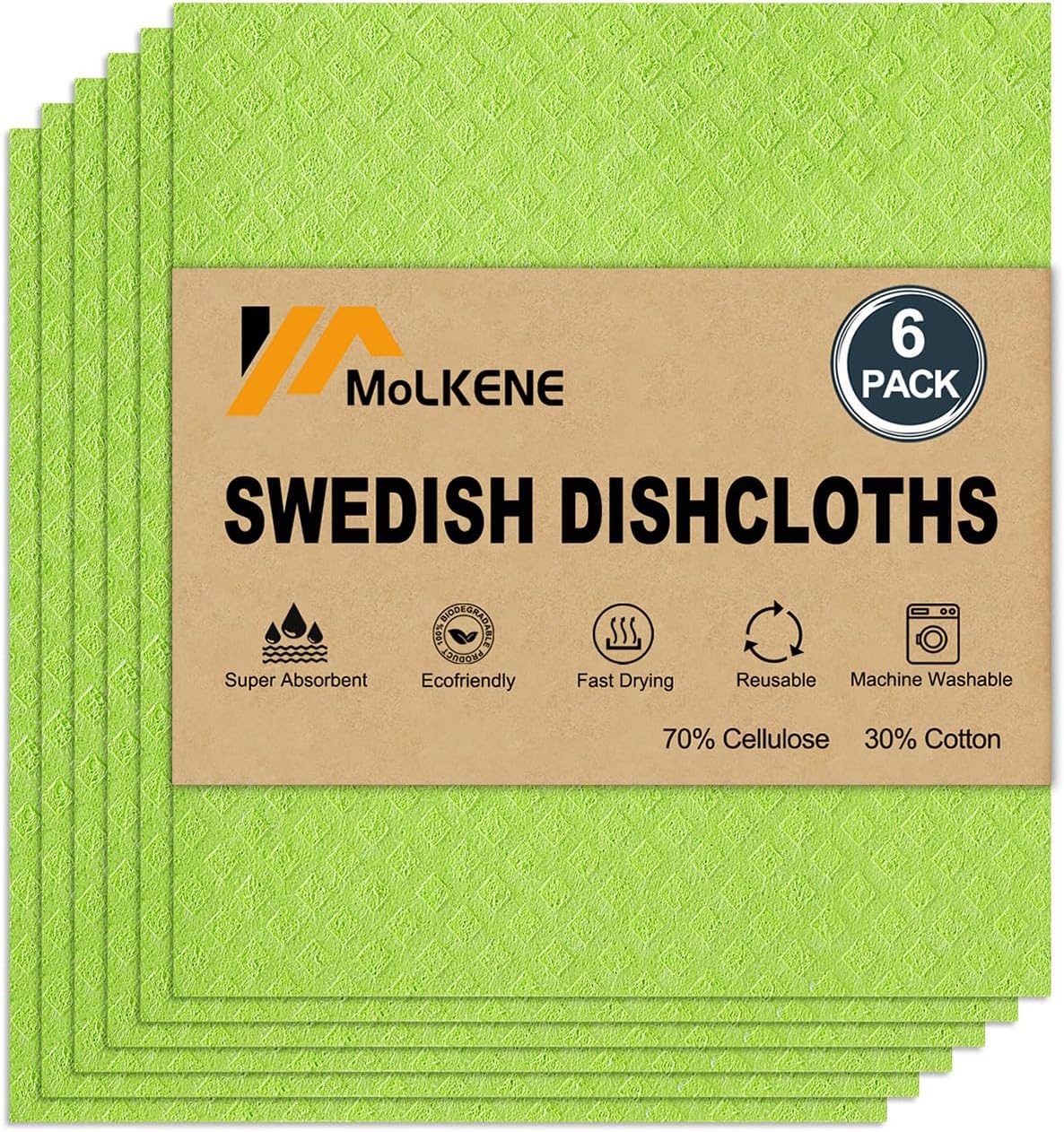 Swedish Dishcloths for Kitchen | 6 Pack Absorbent Cellulose Sponge Cloths Washable | Non-Scratch