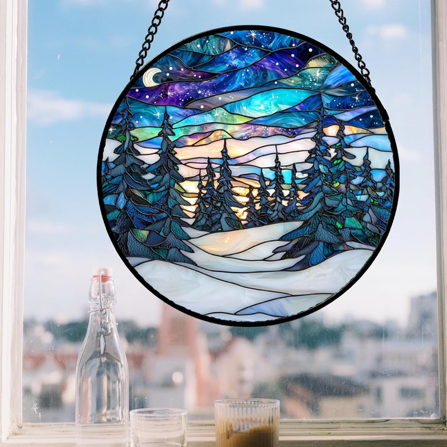 Stained Glass Window Hanging, Starry Sky Trees and Snow Sun Catchers Glass Panel Blue Suncatcher