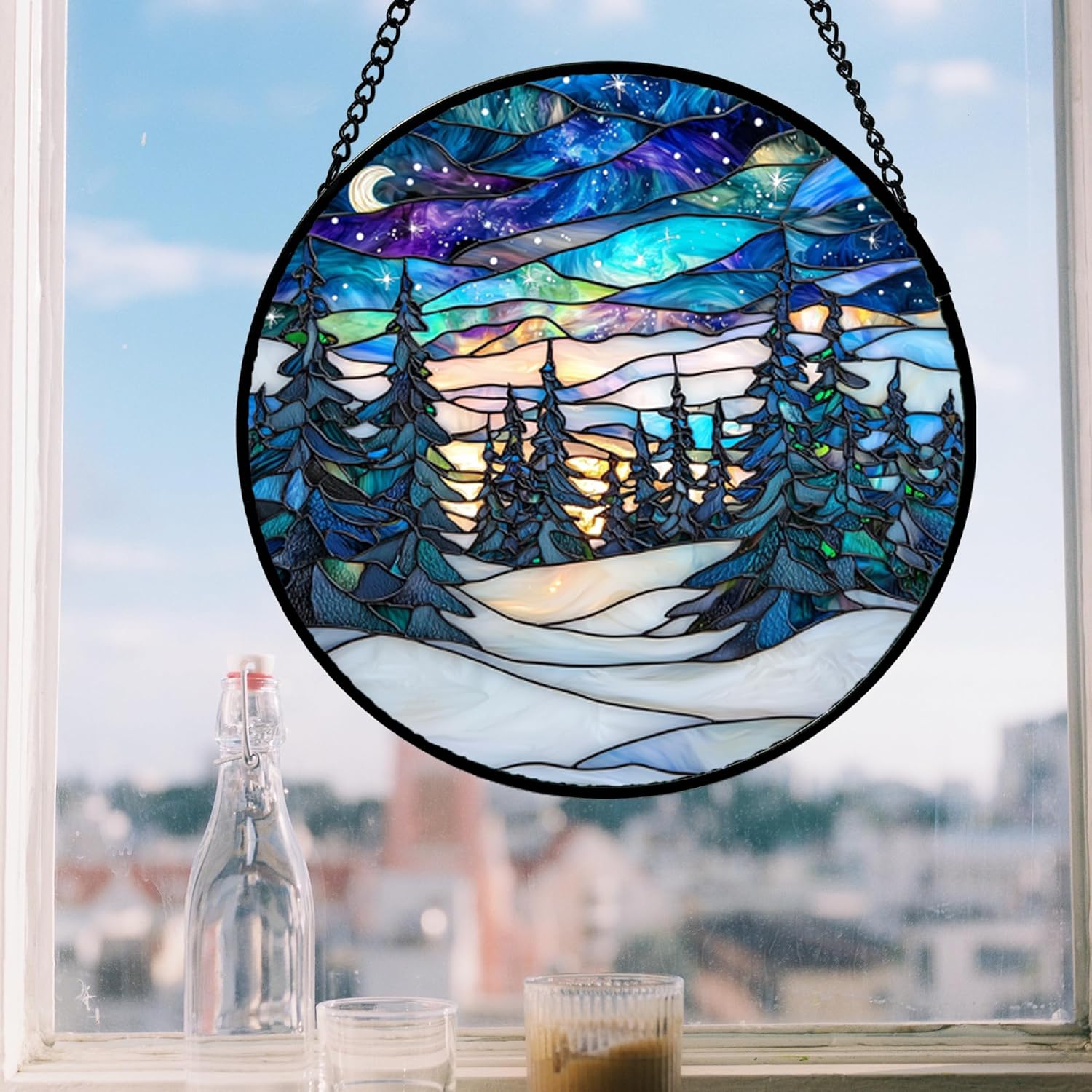 Stained Glass Window Hanging, Starry Sky Trees and Snow Sun Catchers Glass Panel Blue Suncatcher