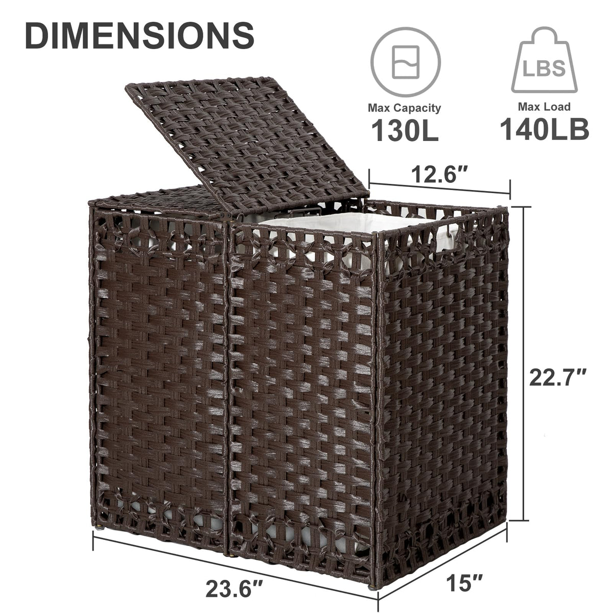 130L Foldable Laundry Hamper with Lid - Handwoven Rattan Storage Basket, 2-Section Clothes Hamper
