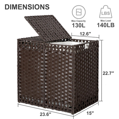 130L Foldable Laundry Hamper with Lid - Handwoven Rattan Storage Basket, 2-Section Clothes Hamper