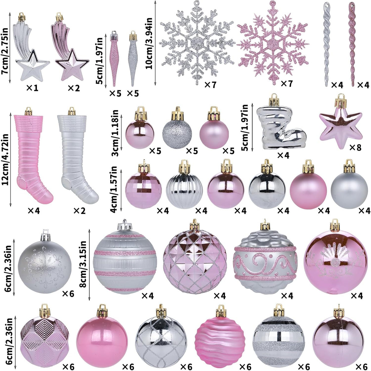 150PCS Pink and Silver Christmas Ornaments, Shatterproof Christmas Ball Ornaments Set, Assorted