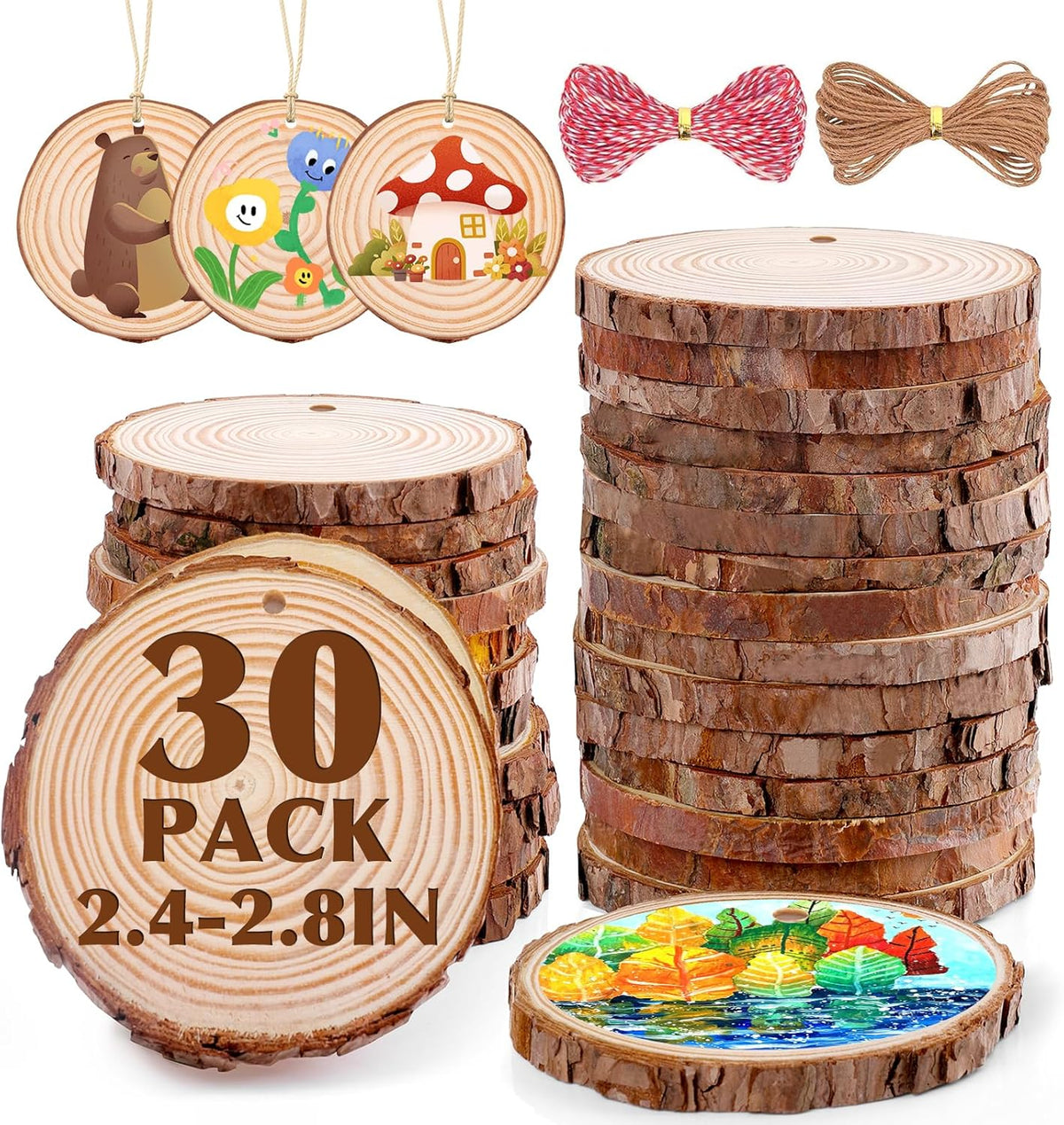 30 Pack Wood Slices for Crafts,2.4-2.8In Unfinished Natural Wood Rounds with Tree Bark.Wood Circles