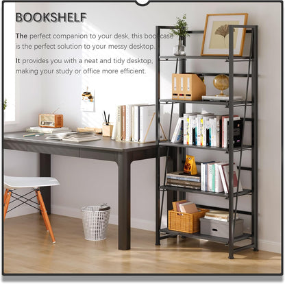 4NM No Assembly Foldable Bookshelf, 5-Shelf Collapsible Bookcase Storage for Small Spaces, 62.2" H