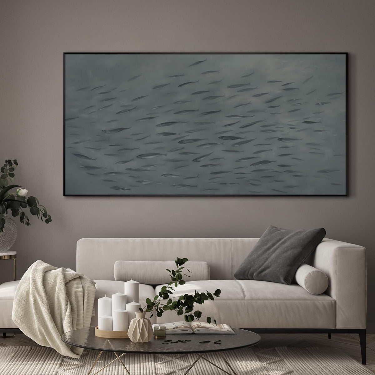 SIGNWIN 24"x46" Extra Large Framed Wall Art Gray School of Fish Minimalist Ocean-Inspired Marine