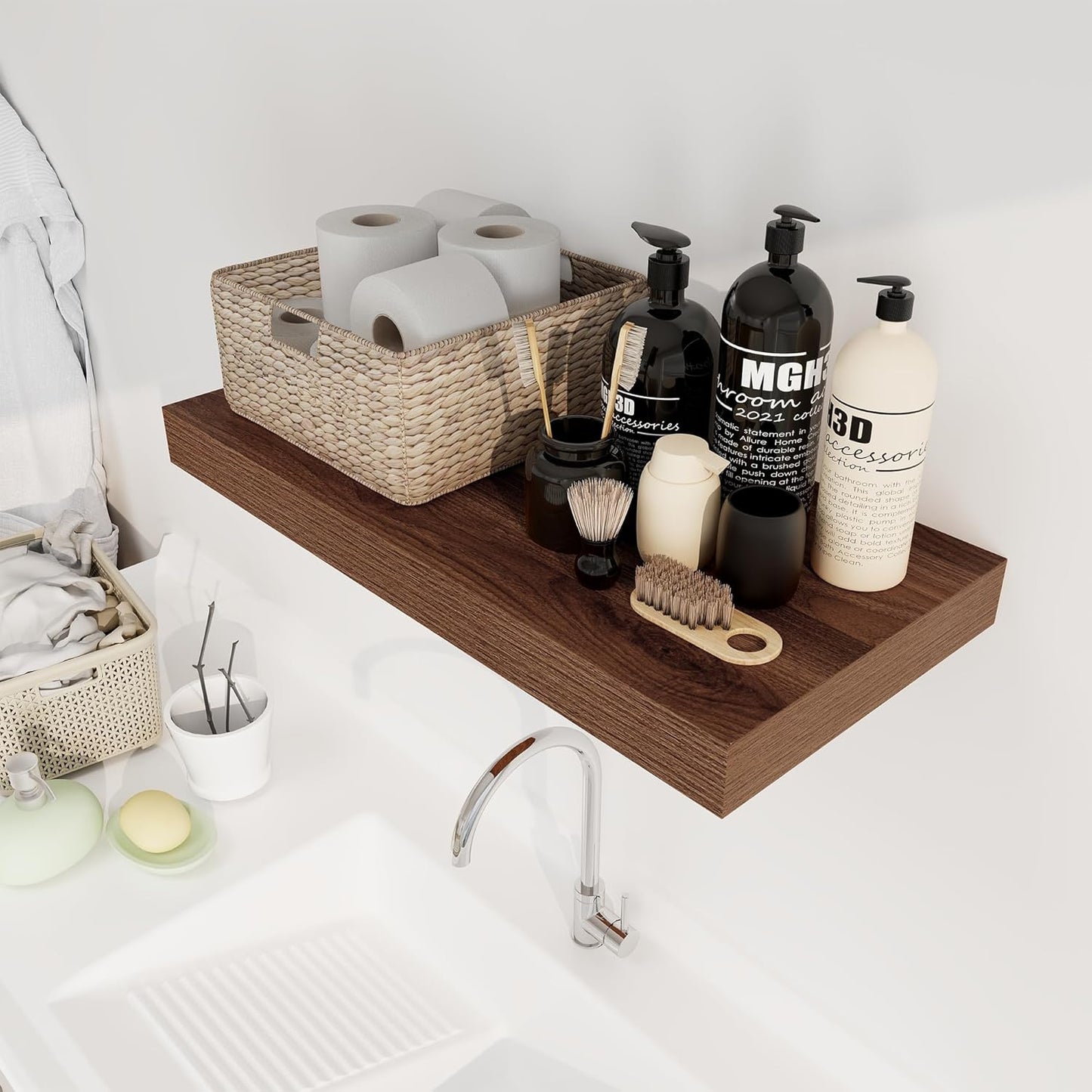 12 Inch Deep Floating Shelves, 24 x 12 Floating Shelf for Books, Rustic Wood Deep Wall Shelves for