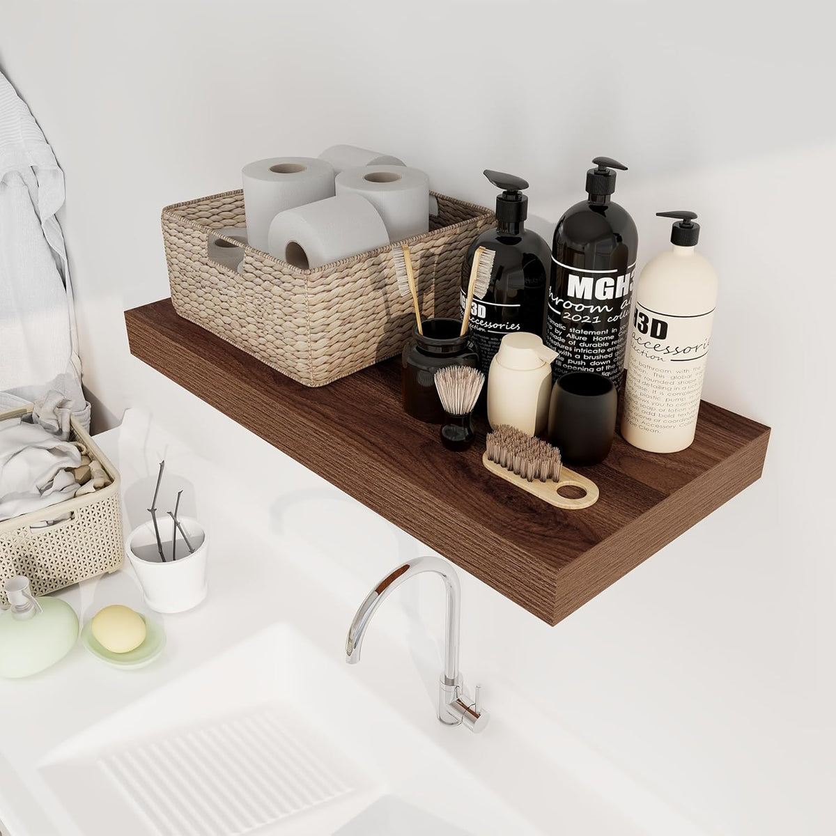 12 Inch Deep Floating Shelves, 24 x 12 Floating Shelf for Books, Rustic Wood Deep Wall Shelves for