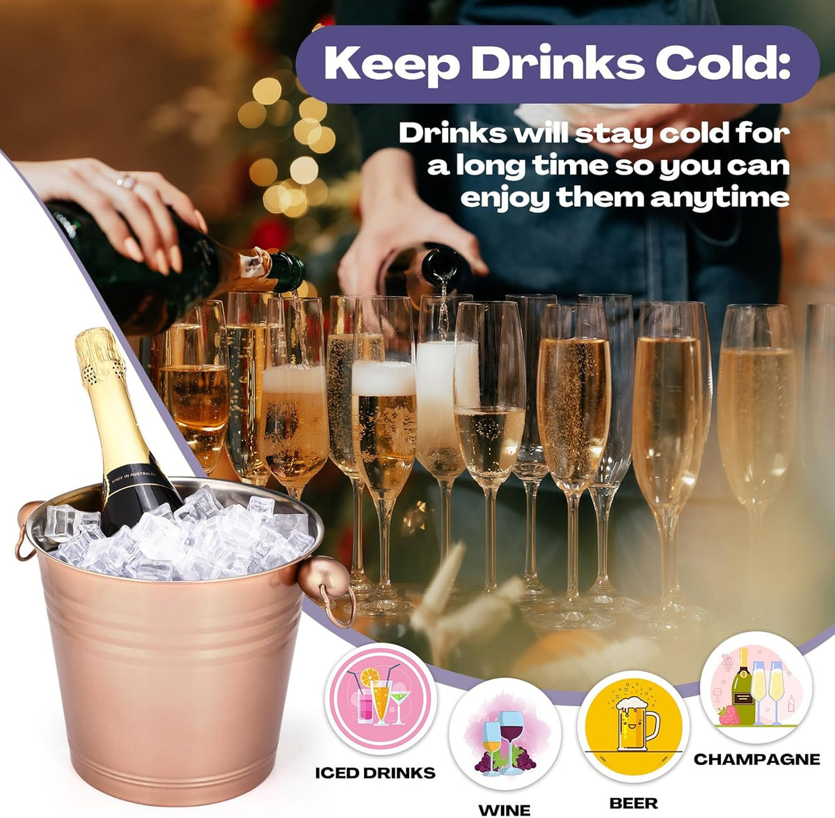 Amyhill 8 Pack Stainless Steel Ice Bucket 5.3 Quart/ 5 Liter with Handle Large Insulated Champagne
