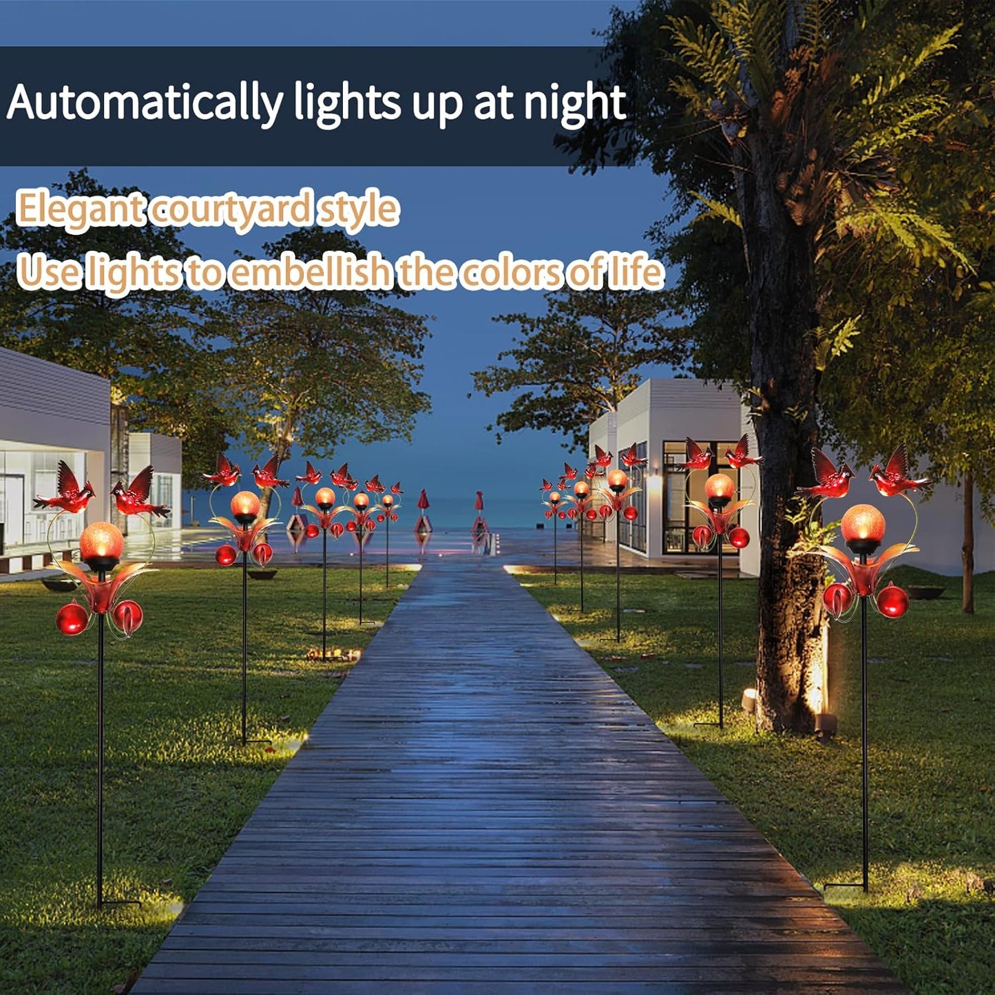 VCUTEKA Cardinal Solar Lights Outdoor Metal Garden Stake Waterproof Crackle Glass Globe Garden