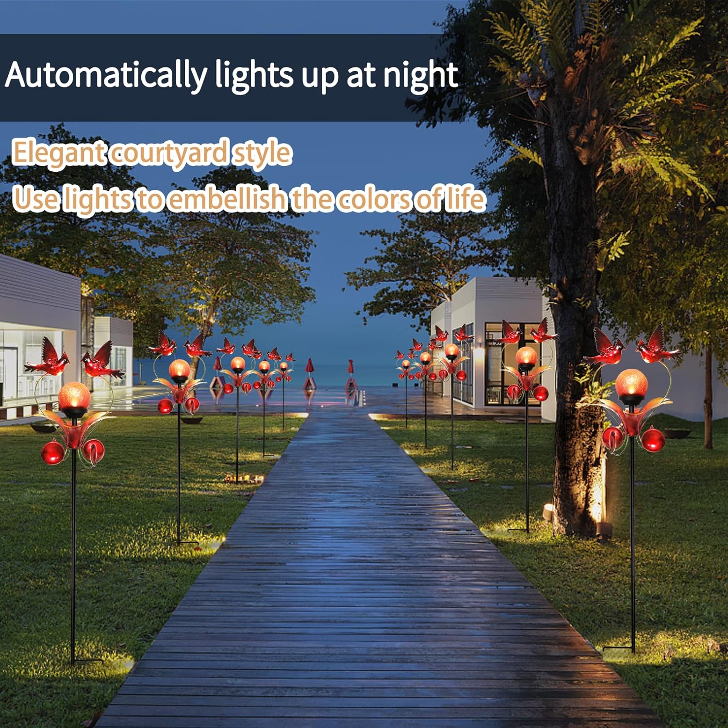 VCUTEKA Cardinal Solar Lights Outdoor Metal Garden Stake Waterproof Crackle Glass Globe Garden