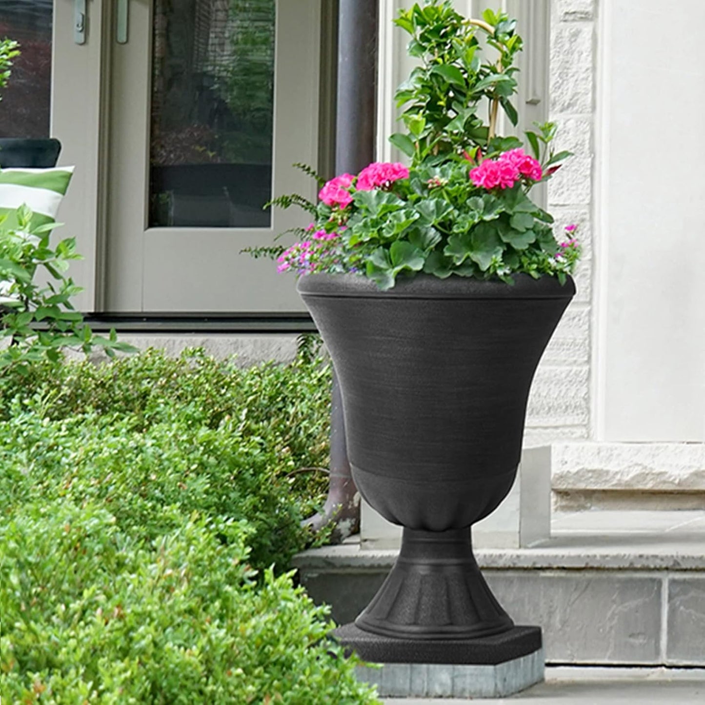 Worth Garden 2-Pack Plastic Urn Planters for Outdoor Plants, 22'' Black Tall Round Classic Resin