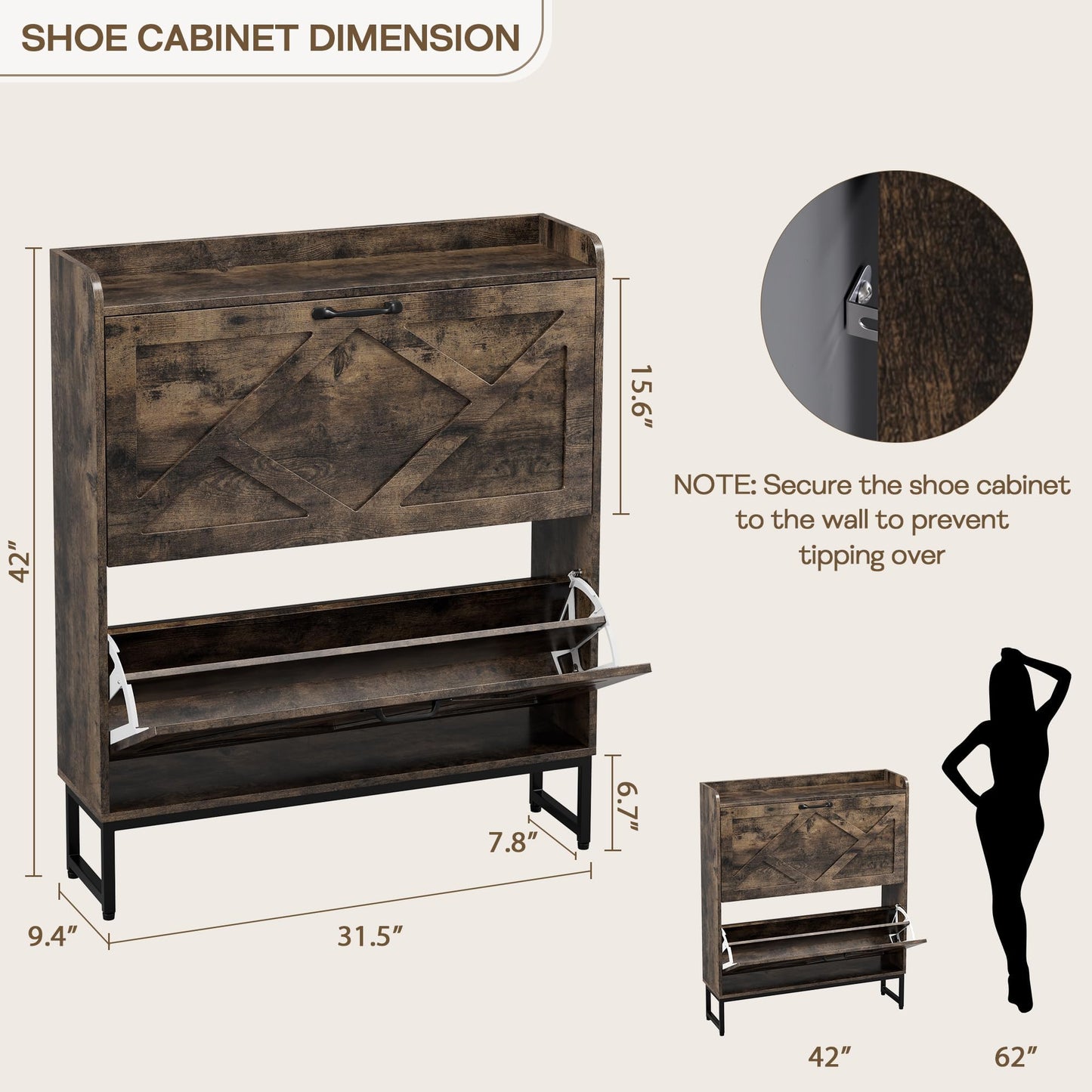 Nicetree Shoe Cabinet with 2 Flip Drawers, Entryway Organizer, Chestnut