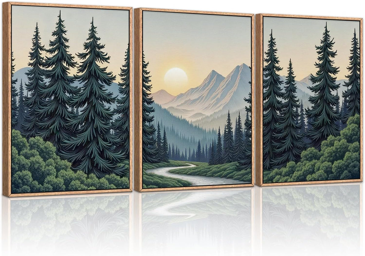 HLNIUC Mountain Forest Sun Framed Wall Art,Large Boho Pine Tree Canvas Wall Decor Set of
