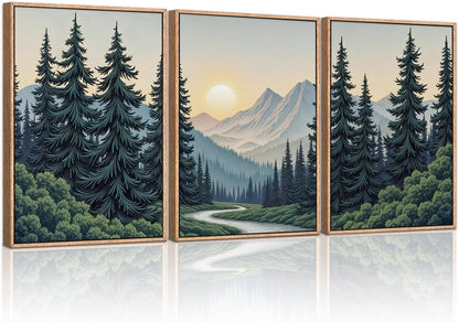 HLNIUC Mountain Forest Sun Framed Wall Art,Large Boho Pine Tree Canvas Wall Decor Set of
