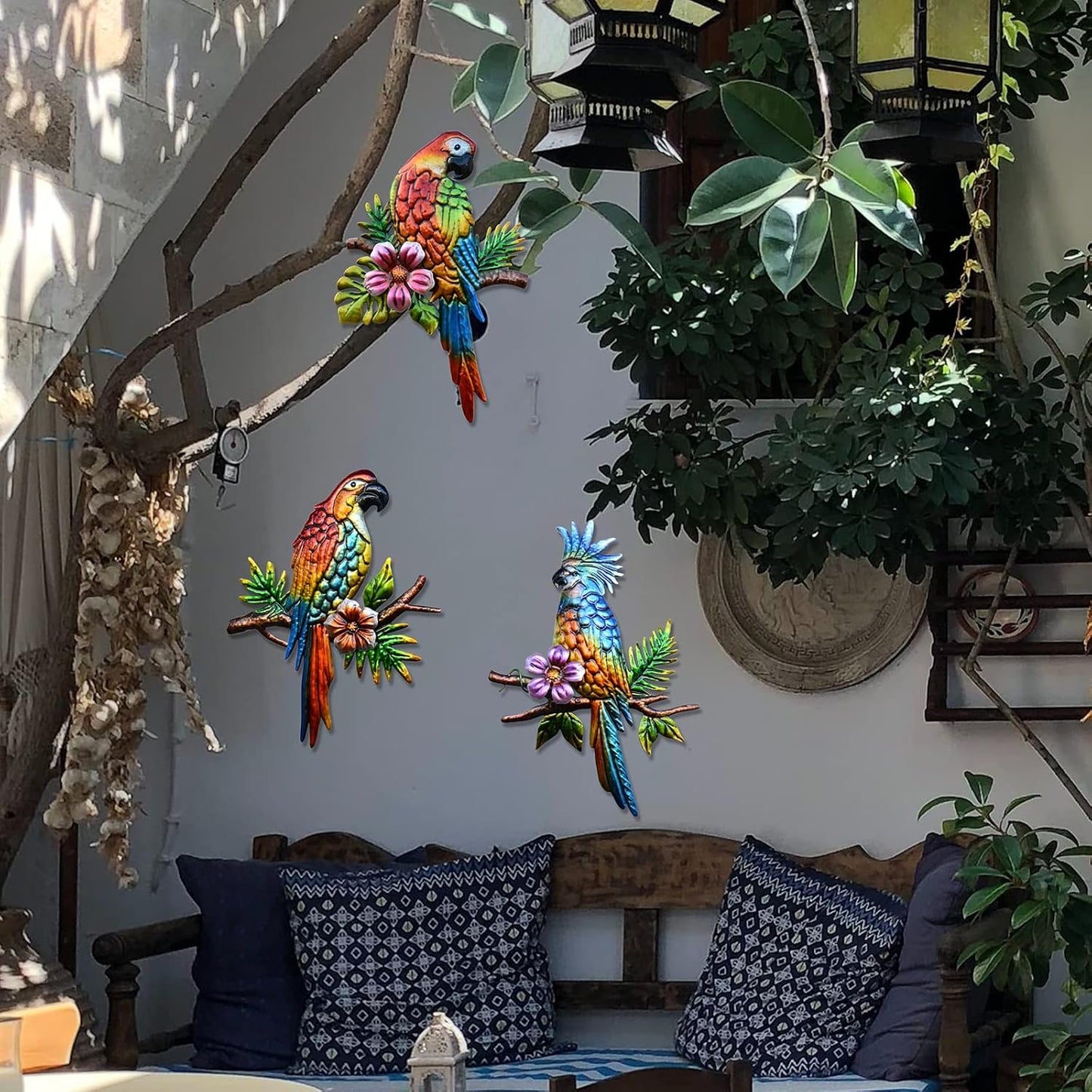 J-Fly Parrot Tropical Wall Art Decor - 3 Hanging Sculptures, Metal, 12" x 8.5", Indoor Kitchen