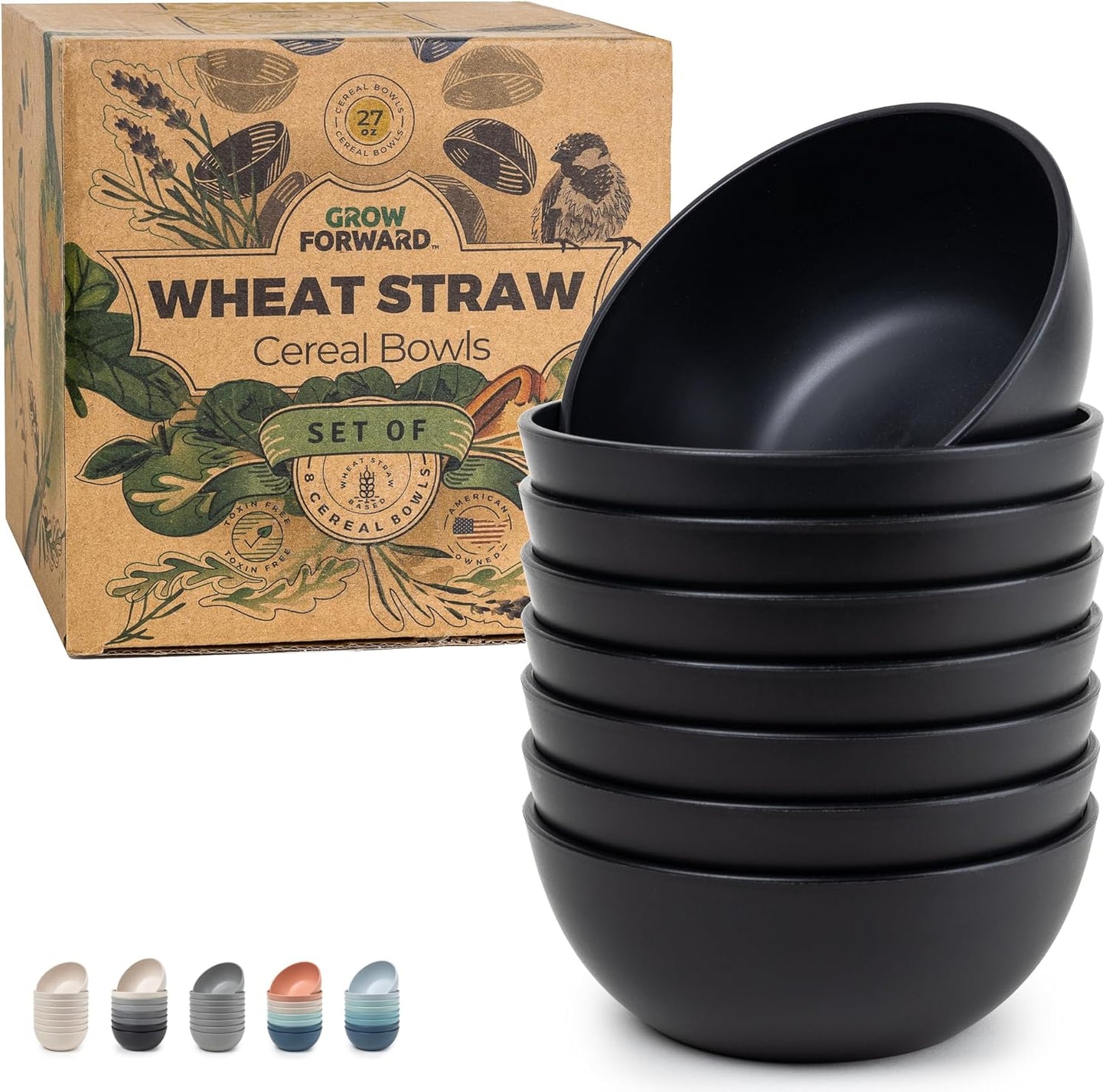 Grow Forward Premium Wheat Straw Bowls - 27oz Microwave Safe Plastic Cereal Bowls Set of 8 for