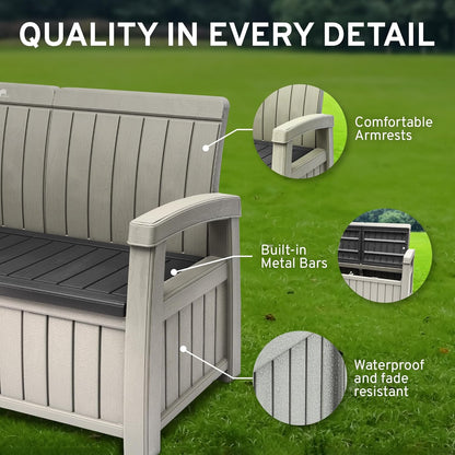 EconoHome 3 Seat Outdoor Storage Bench with Rain Cover - 90 Gallon Capacity - Weatherproof Resin