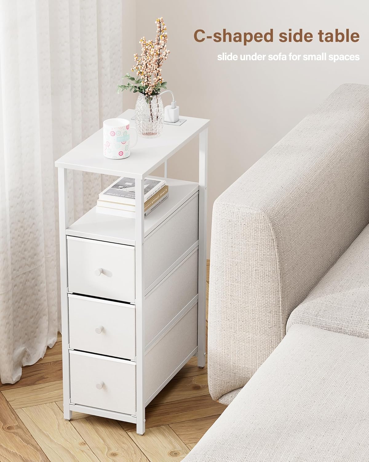 TUTOTAK Narrow Night Stand with Charging Station, Slim End Table with Plugins, Tall Side Table with