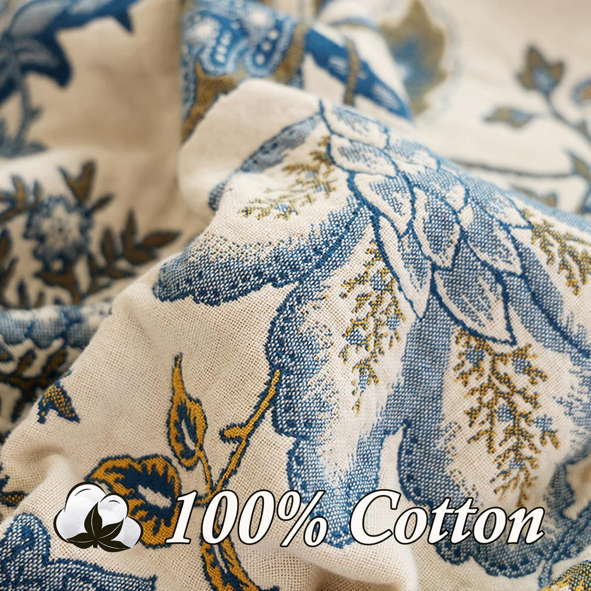 Snycler Boho Throw Blanket for Bed - 100% Cotton Ultra Soft Rustic Quilt - White Blue Floral