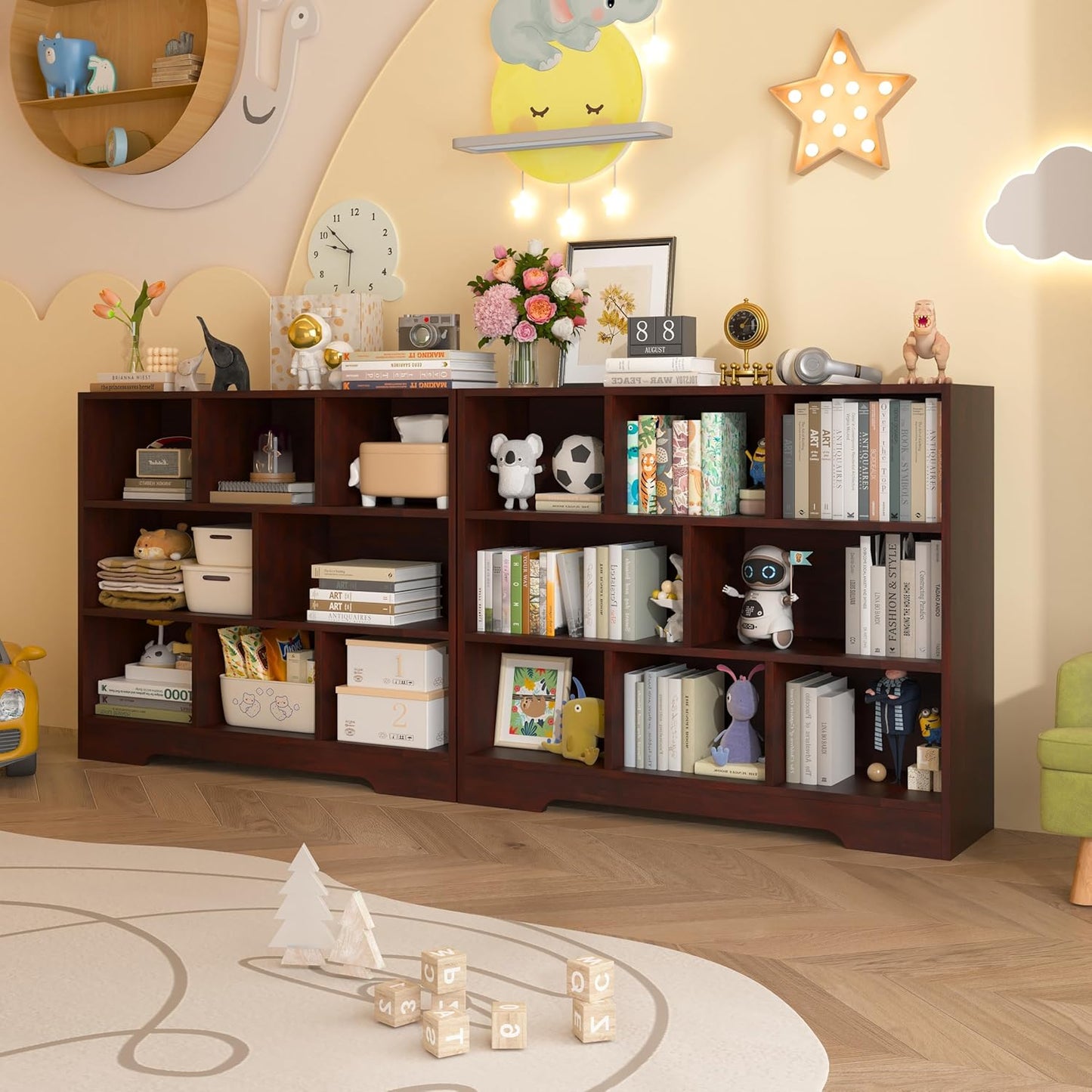 Book Shelf Set of 2, 8 Cubes Storage Organizer, 3-Tier Open Shelf Wooden Bookcase, Freestanding