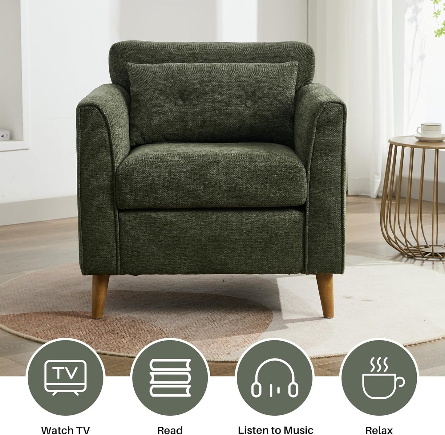 Modern Accent Chair with Wooden Legs Plush Fabric Armchair Cozy Reading Chair for Living Room