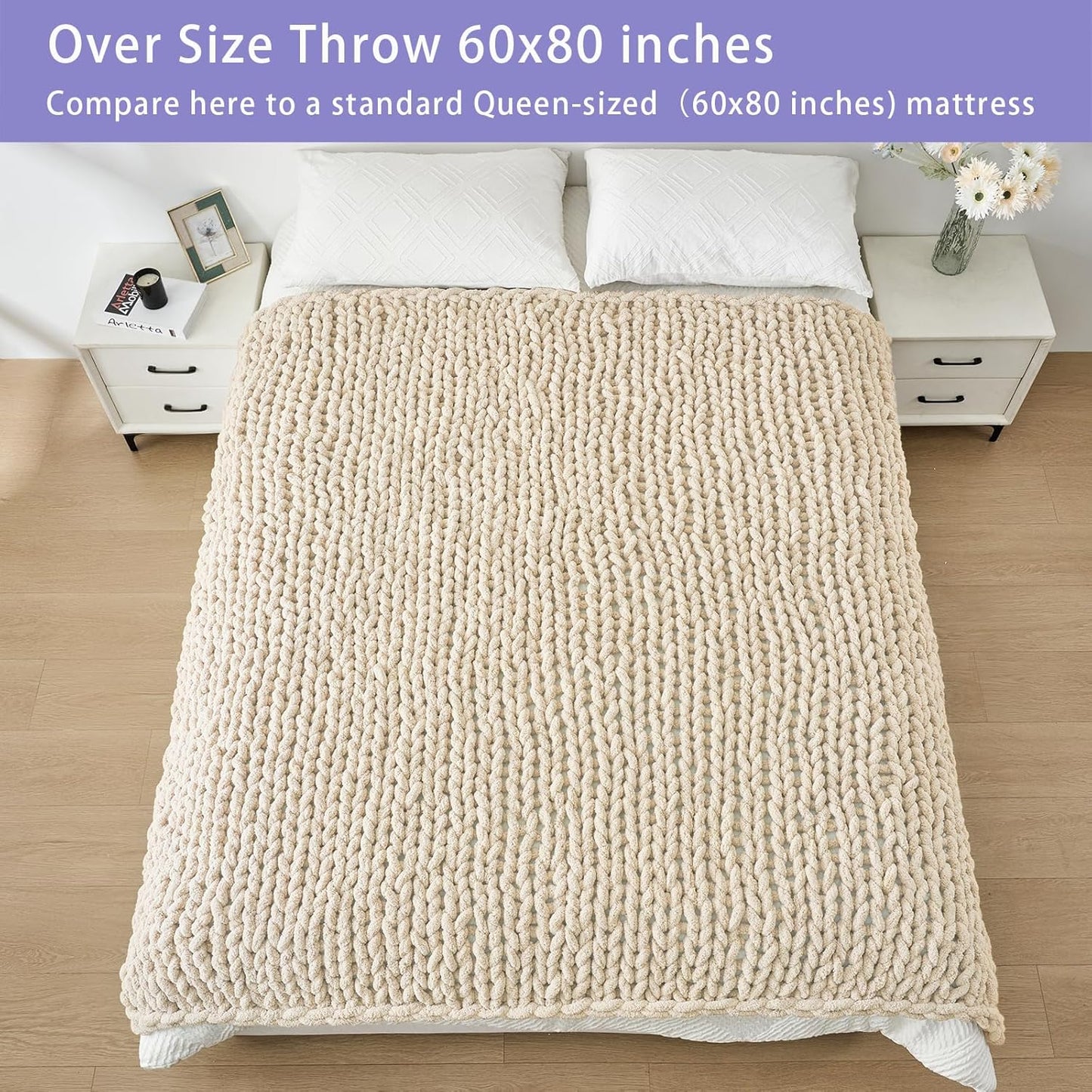 Bigacogo Chunky Knit Throw Blanket for Couch, 60x80 inches, 100% Hand Knitted with Thick Jumbo
