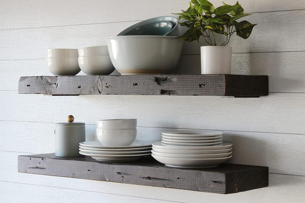 Urban Legacy Reclaimed Barn Joist Deep Floating Shelves | Deep Shelves with Low Profile Shelf
