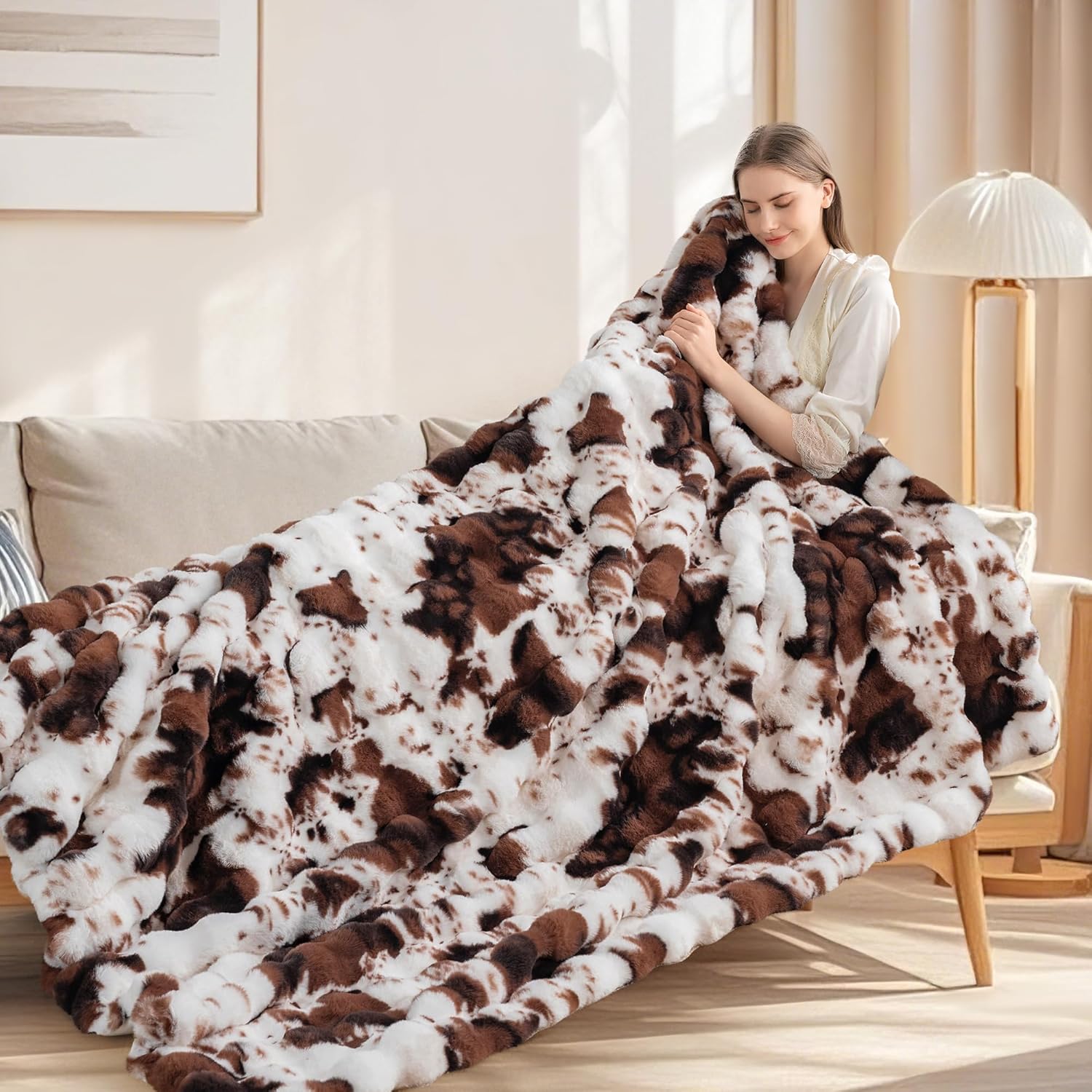 Touchat Cow Print Blanket for Couch, Faux Fur Throw Blanket, Super Heavy Warm Cozy Blankets for Bed