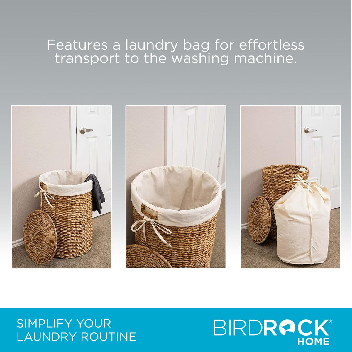 BIRDROCK HOME Seagrass Laundry Hamper with Lid & Liner - Handwoven Round Basket with Handles for