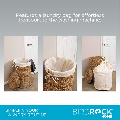 BIRDROCK HOME Seagrass Laundry Hamper with Lid & Liner - Handwoven Round Basket with Handles for