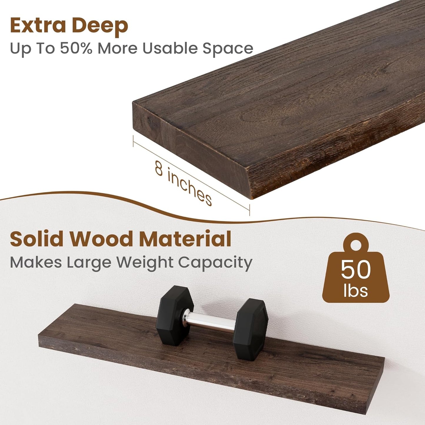 Floating Shelves for Wall Decor, Rustic Solid Elm Wood Live Edge Floating Shelves Wall Mounted
